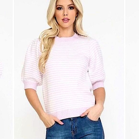 Moth Tops - Anthropologie Moth Micro Striped Puff Sleeve Sweater, XL